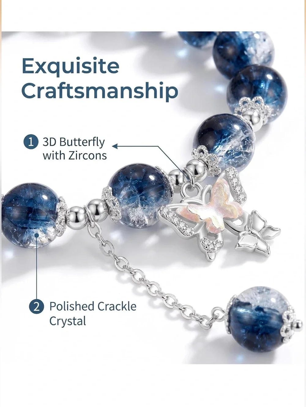 🆕New Blue Sparkle Beaded Bracelet with Butterfly Charm